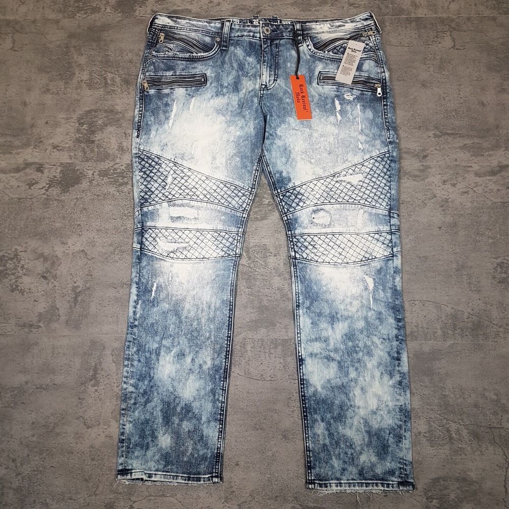 ROCK REVIVAL Gayle Moto Biker Jeans Mens Size 42x32‎ Blue Tie Dye Zippers